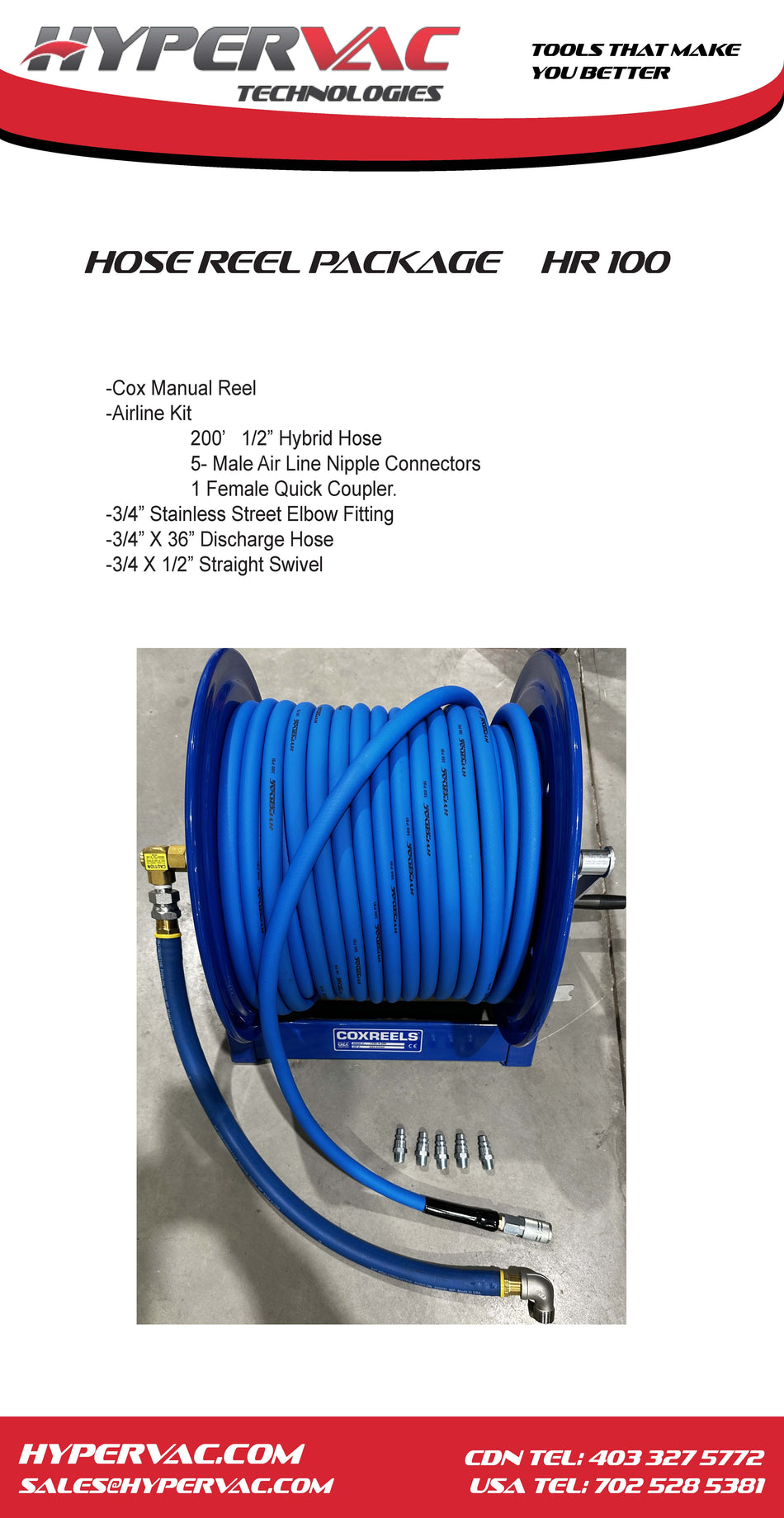 Manual Air Hose Reel Kit with Fittings and Hose (HR100-A)